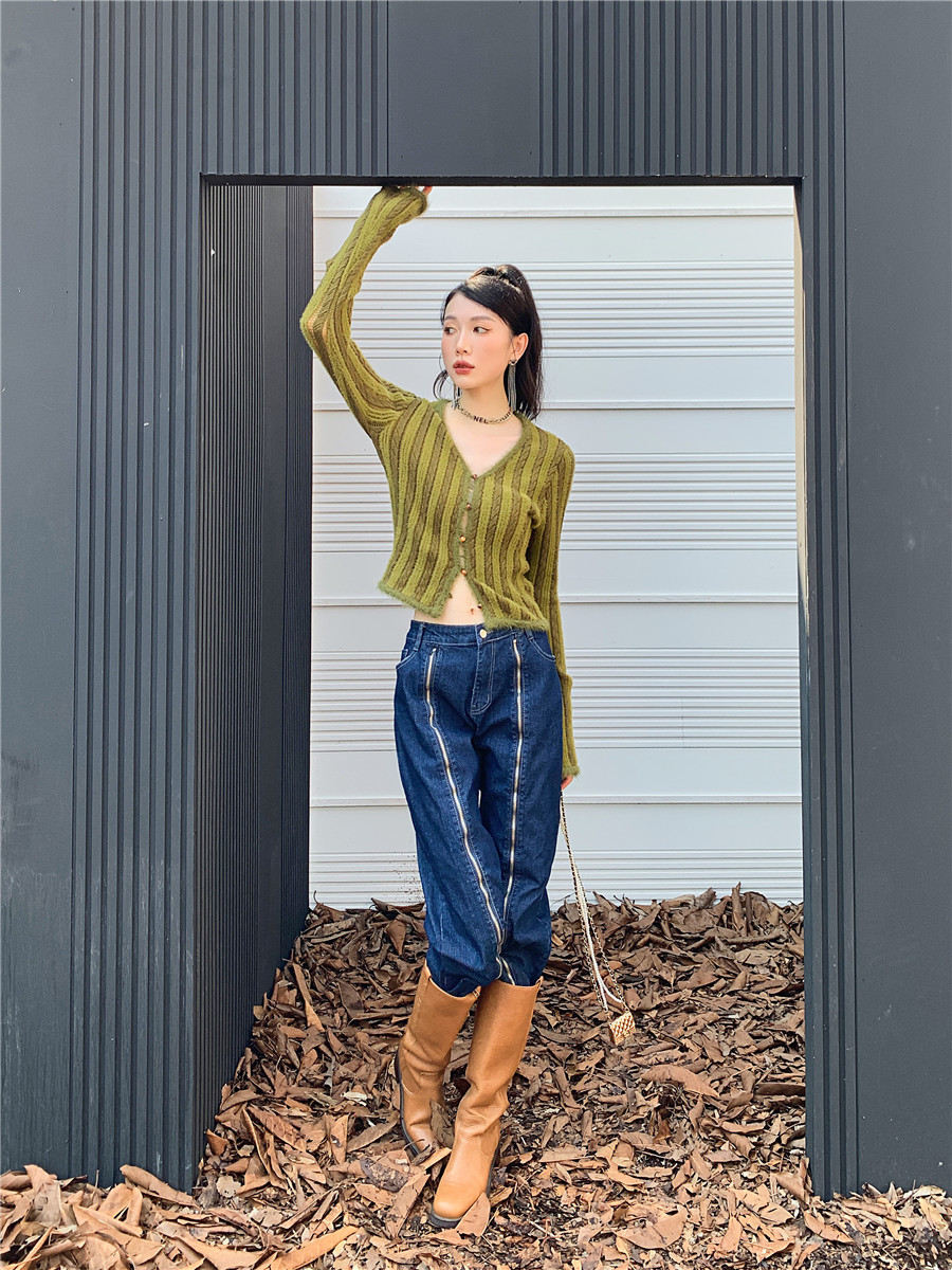 CHEERART Green Fur Trim Cardigan Button Up V Neck Cropped Knitted Sweater Korean Fashion Ribbed Fluffy Cardigan Long Sleeve