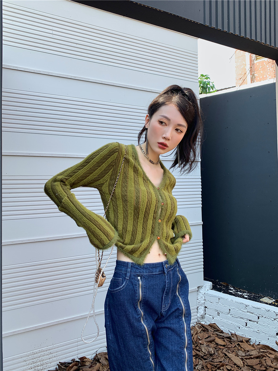 CHEERART Green Fur Trim Cardigan Button Up V Neck Cropped Knitted Sweater Korean Fashion Ribbed Fluffy Cardigan Long Sleeve