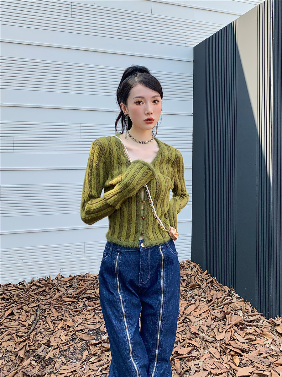 CHEERART Green Fur Trim Cardigan Button Up V Neck Cropped Knitted Sweater Korean Fashion Ribbed Fluffy Cardigan Long Sleeve
