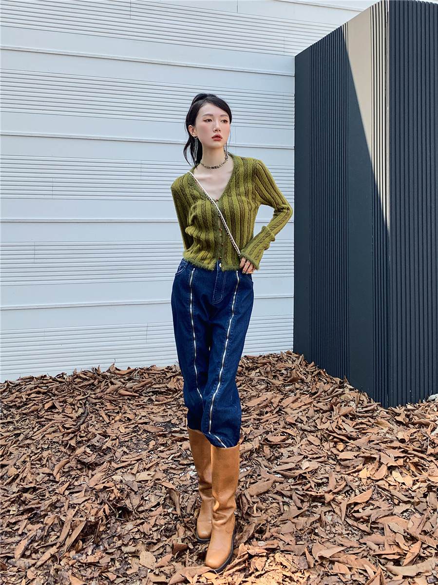 CHEERART Green Fur Trim Cardigan Button Up V Neck Cropped Knitted Sweater Korean Fashion Ribbed Fluffy Cardigan Long Sleeve