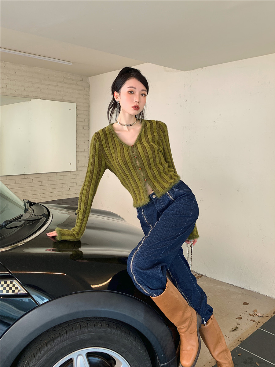 CHEERART Green Fur Trim Cardigan Button Up V Neck Cropped Knitted Sweater Korean Fashion Ribbed Fluffy Cardigan Long Sleeve