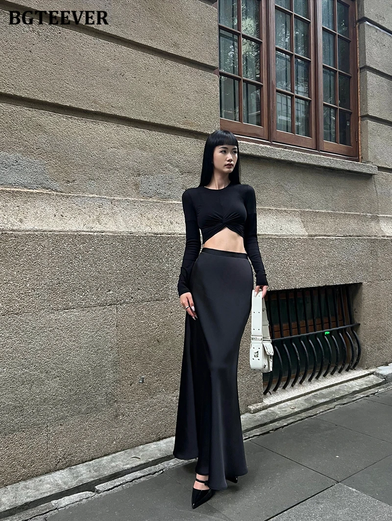 BGTEEVER Fashion High Waist Skinny Ladies Satin Skirts Spring Summer Elegant Slim Package Hip Skirts Women