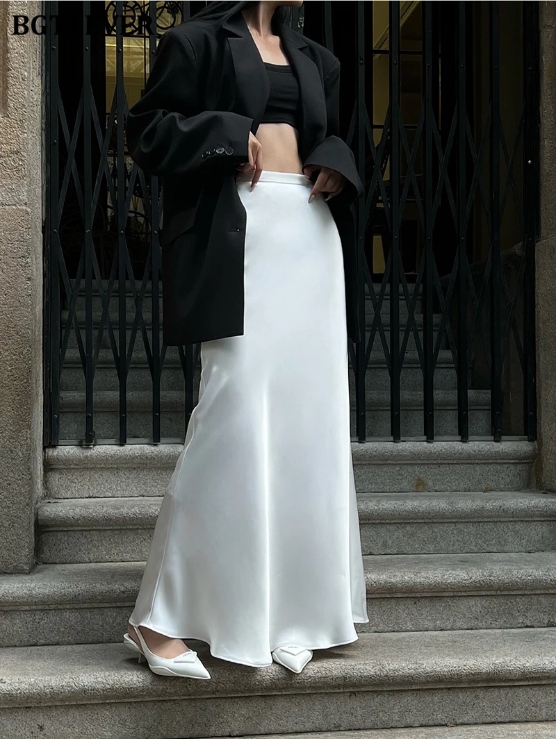 BGTEEVER Fashion High Waist Skinny Ladies Satin Skirts Spring Summer Elegant Slim Package Hip Skirts Women