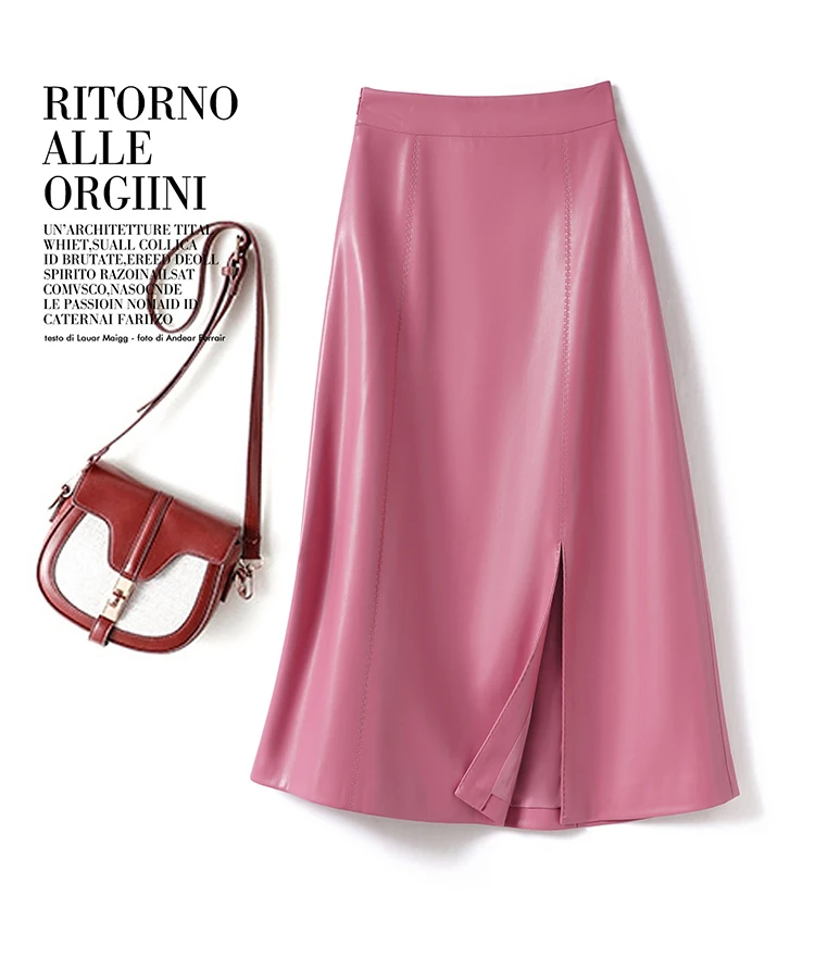 Sheepskin Skirt for Women 2025 Fashion High Waist Front Spit Wrap Skirt Chic Ladies A-line Knee-length Split Sheep Leather Skirt