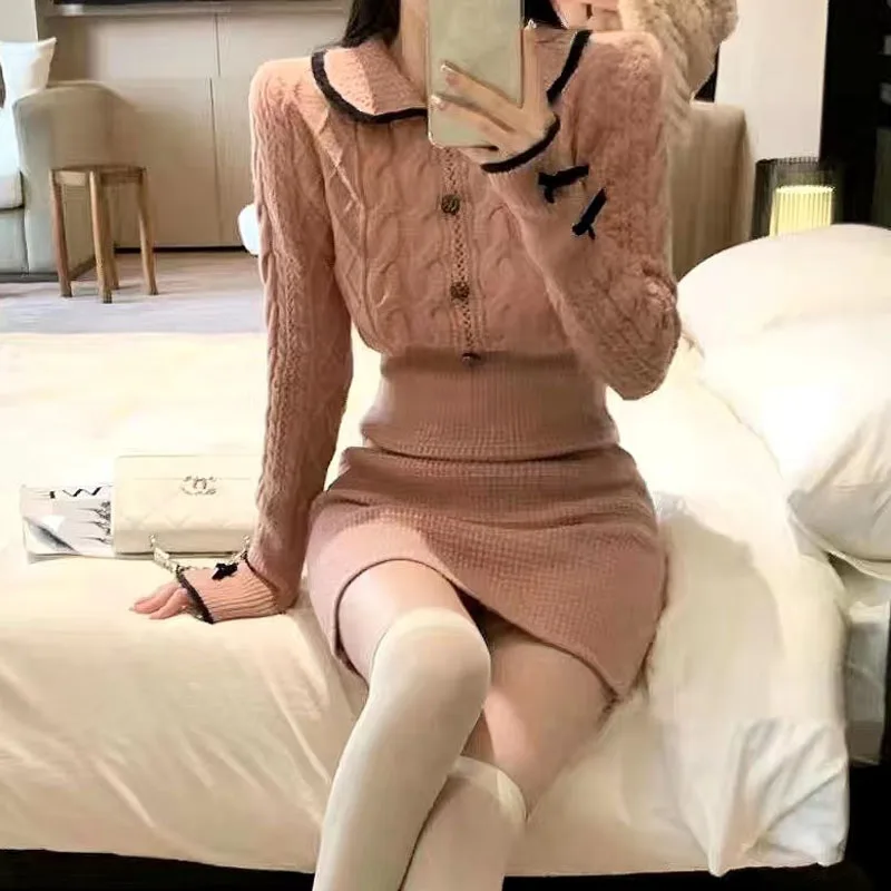 Autumn Winter Elegant Women Sweater Christmas Red Slim Fur Patchwork Hooded Knitted Dress Female Korean Knitwear Hoodie Tops