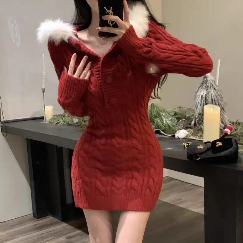 Autumn Winter Elegant Women Sweater Christmas Red Slim Fur Patchwork Hooded Knitted Dress Female Korean Knitwear Hoodie Tops