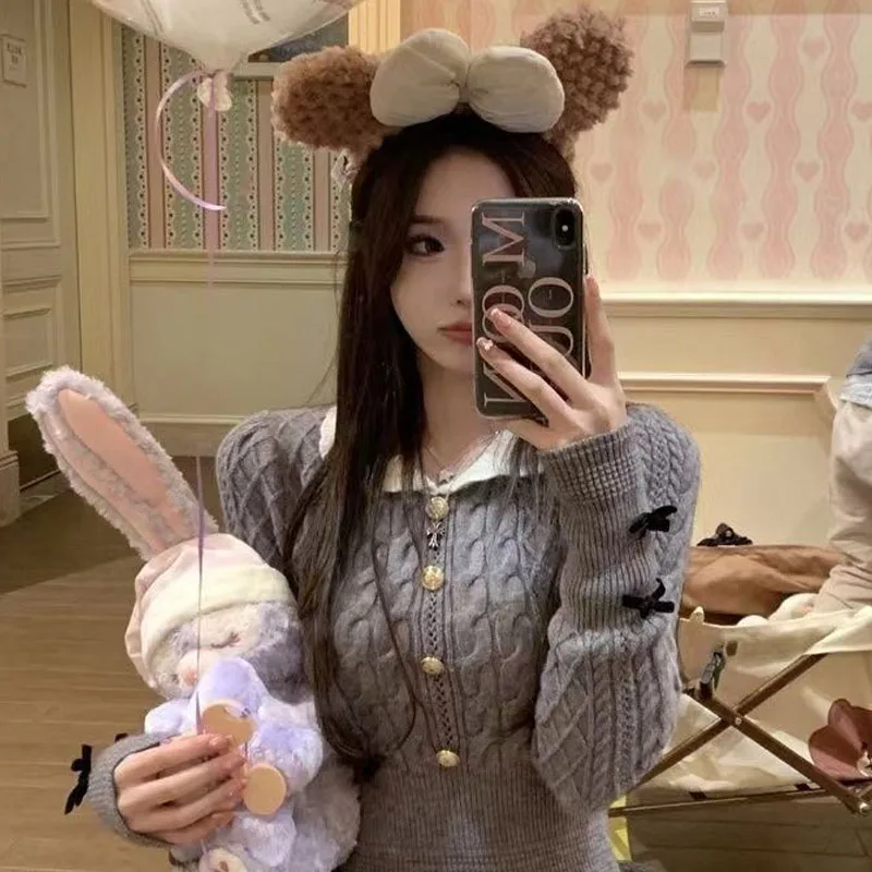 Autumn Winter Elegant Women Sweater Christmas Red Slim Fur Patchwork Hooded Knitted Dress Female Korean Knitwear Hoodie Tops