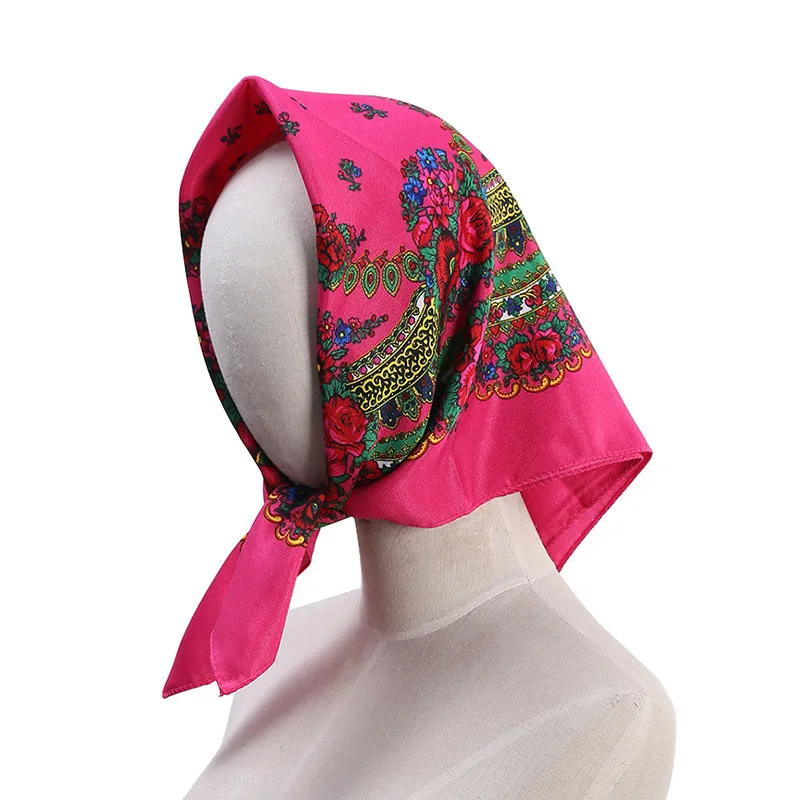 70*70cm Luxury Floral Russian Square Scarf Women Head Hair Bandana Babushka Handkerchief Ukrainian Shawl Headband Scarves