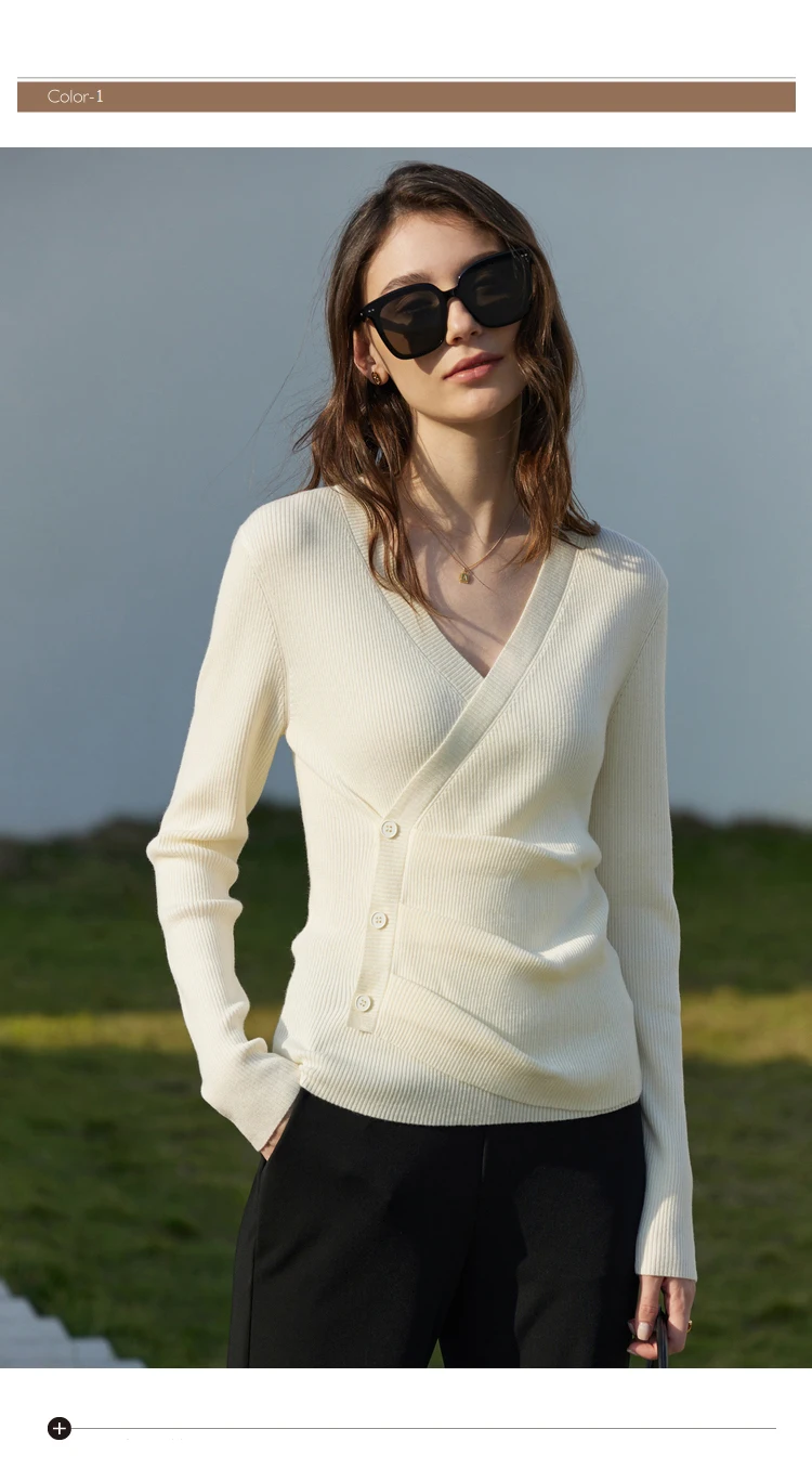 AMII Minimalism Women's Sweater 2026 Autumn New Office Lady Shirring Slim V-neck Knitted Tops Pullovers Womens Clothing 12321064
