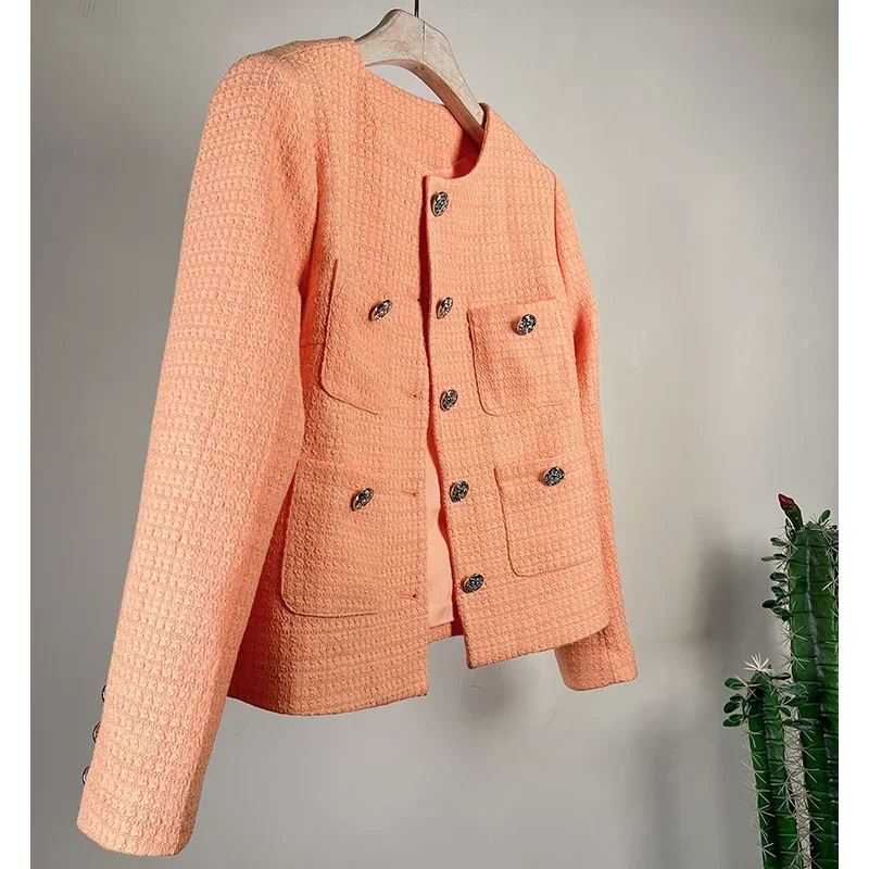 Small Fragrance Orange Casual Coat Female French Vintage Wine Casual Loose Long Sleeve Fashion Chic Office Tweed Coat Women
