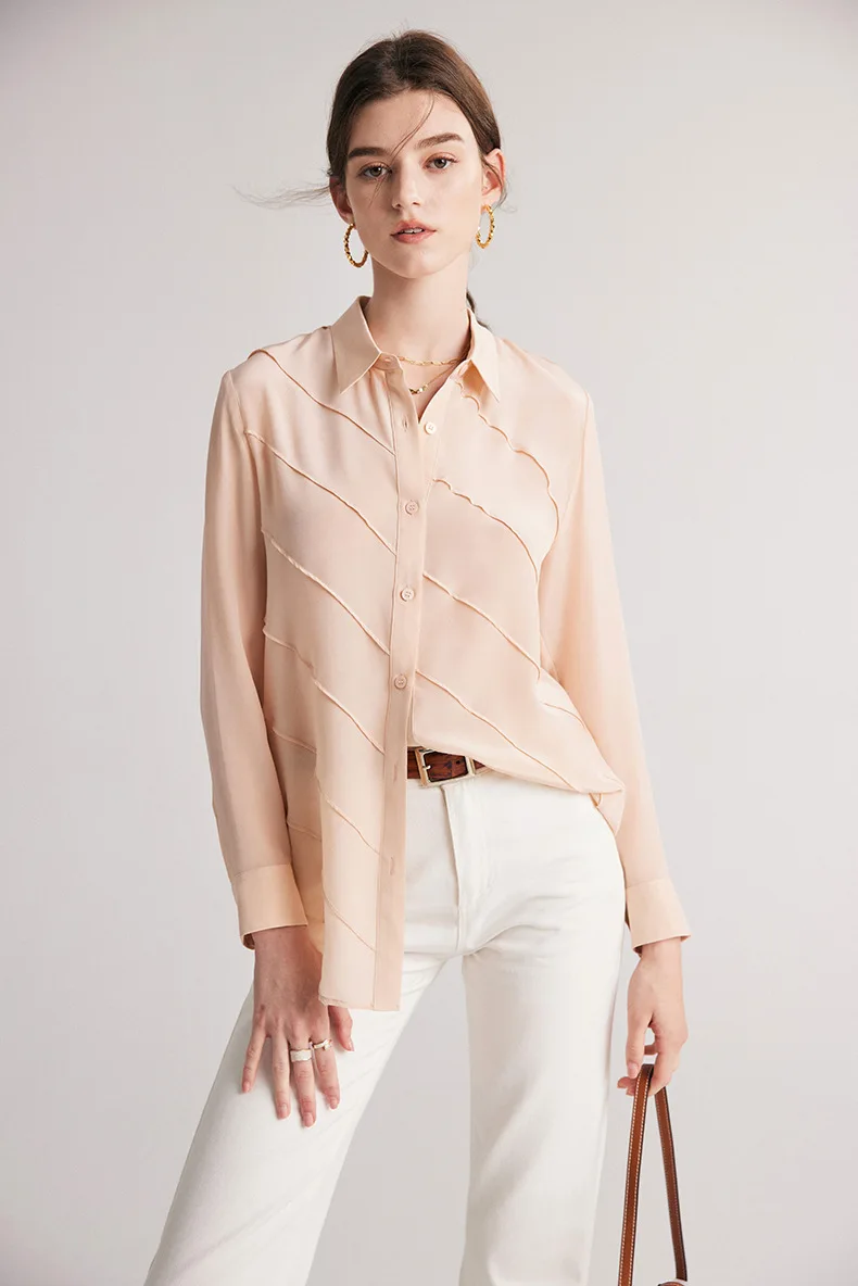 SuyaDream Women Striped Shirts 100%Pure Silk Turn Down Collar Chic Blouses 2026 Spring Summer Office Lady Top Pink Champagne