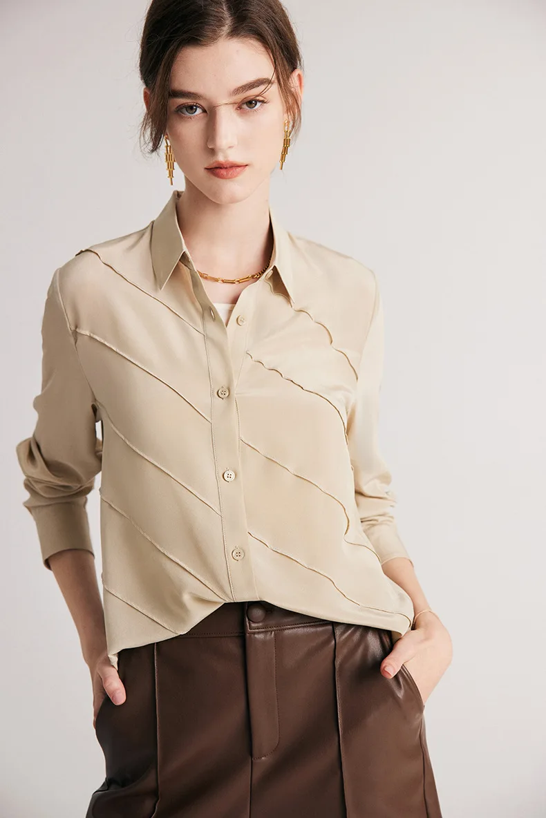 SuyaDream Women Striped Shirts 100%Pure Silk Turn Down Collar Chic Blouses 2026 Spring Summer Office Lady Top Pink Champagne