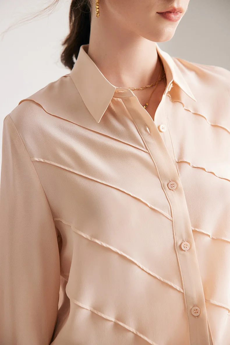 SuyaDream Women Striped Shirts 100%Pure Silk Turn Down Collar Chic Blouses 2026 Spring Summer Office Lady Top Pink Champagne