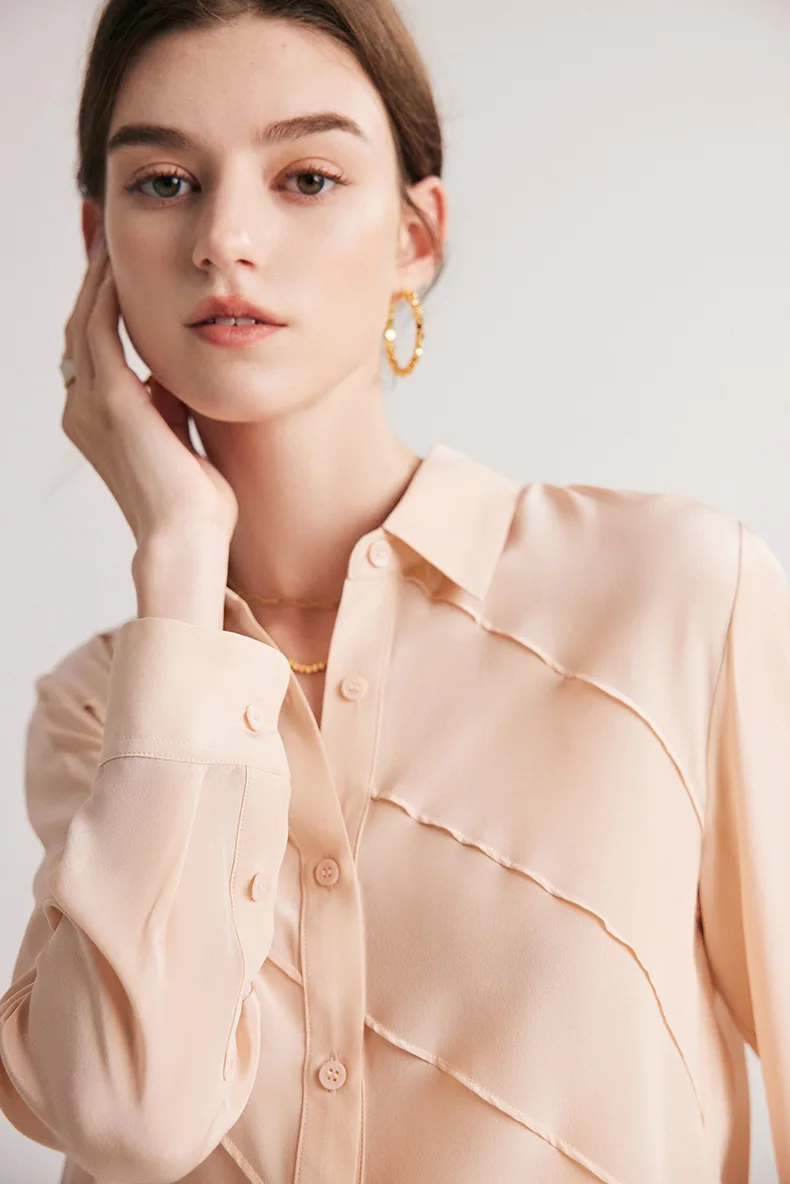 SuyaDream Women Striped Shirts 100%Pure Silk Turn Down Collar Chic Blouses 2026 Spring Summer Office Lady Top Pink Champagne