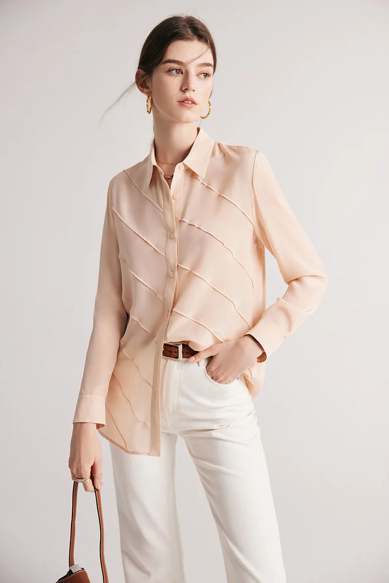 SuyaDream Women Striped Shirts 100%Pure Silk Turn Down Collar Chic Blouses 2026 Spring Summer Office Lady Top Pink Champagne