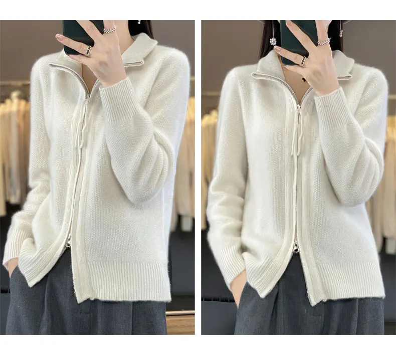 Women's 100% Merino Wool Knitting Sweater Turndown Collar Cardigan Autumn/Winter Thick Tops Cashmere Double Zipper Soft Jacket
