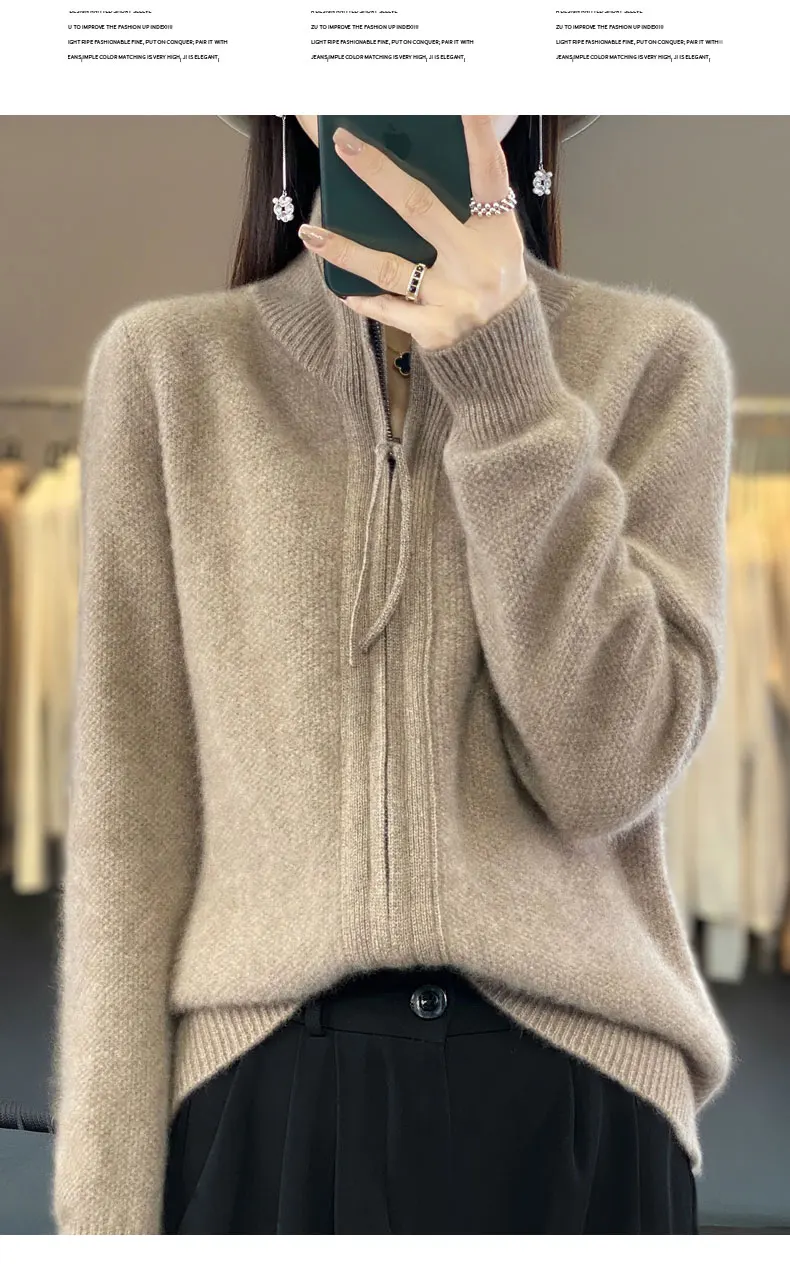 Women's 100% Merino Wool Knitting Sweater Turndown Collar Cardigan Autumn/Winter Thick Tops Cashmere Double Zipper Soft Jacket