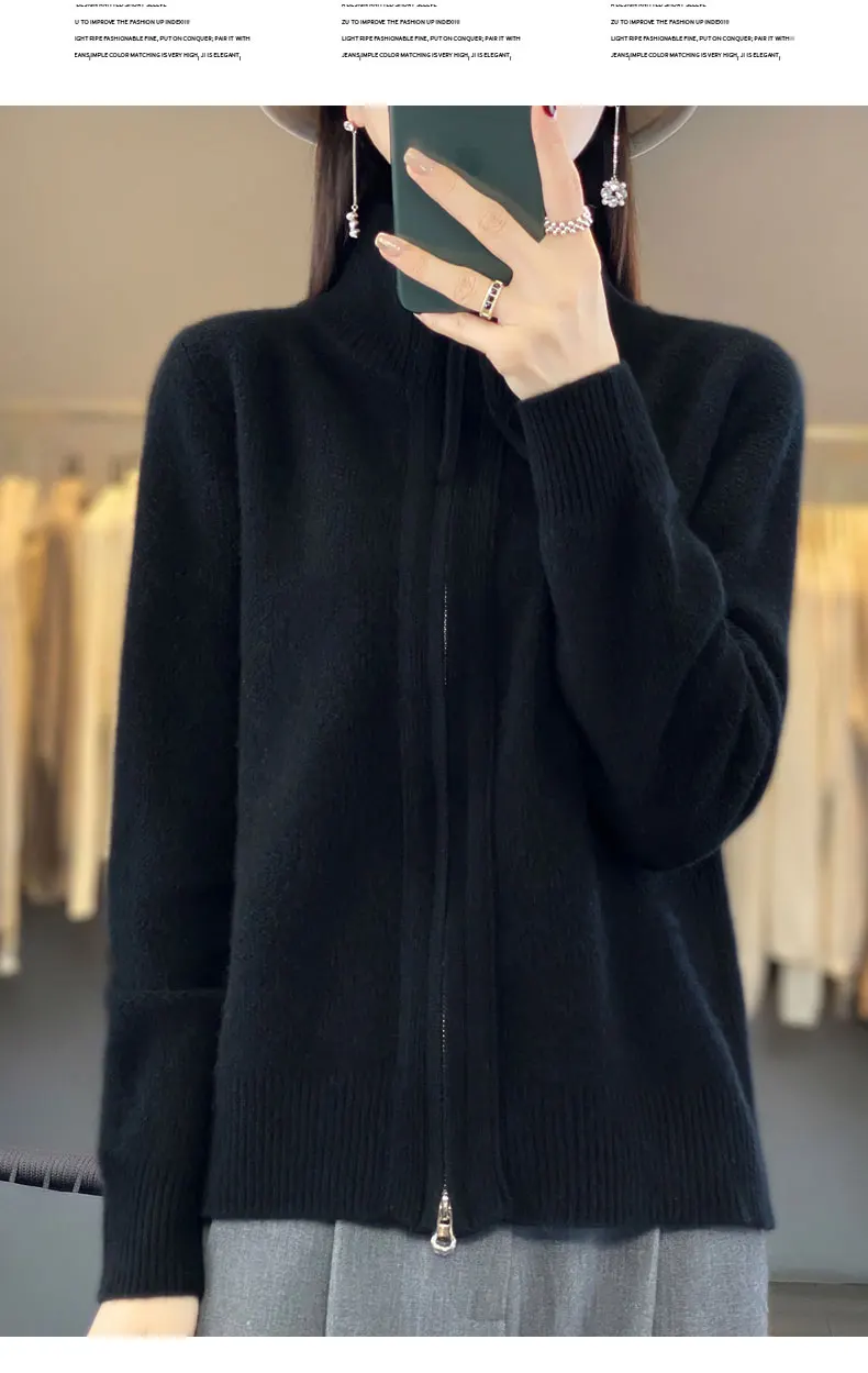 Women's 100% Merino Wool Knitting Sweater Turndown Collar Cardigan Autumn/Winter Thick Tops Cashmere Double Zipper Soft Jacket