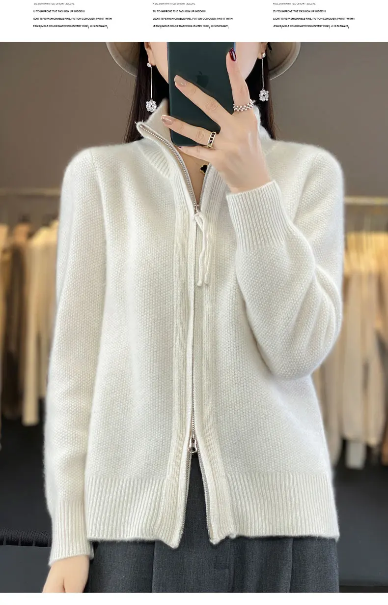 Women's 100% Merino Wool Knitting Sweater Turndown Collar Cardigan Autumn/Winter Thick Tops Cashmere Double Zipper Soft Jacket