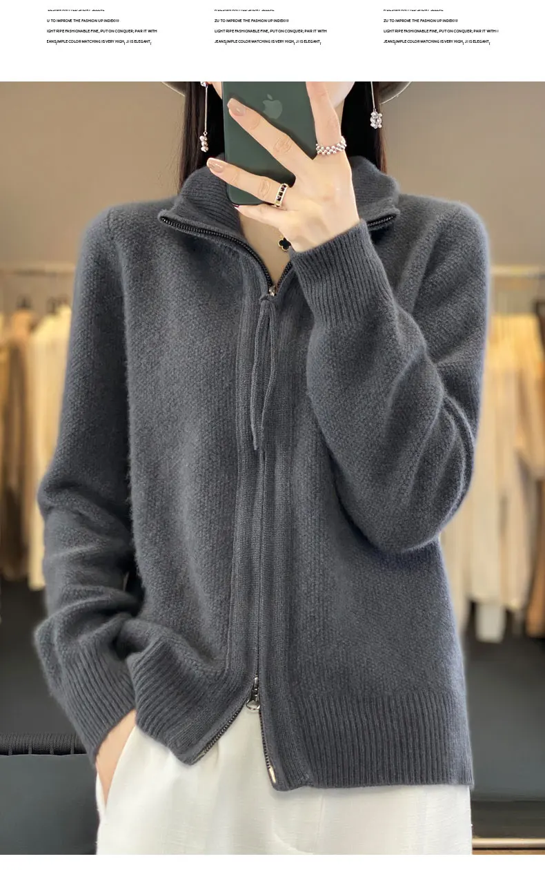 Women's 100% Merino Wool Knitting Sweater Turndown Collar Cardigan Autumn/Winter Thick Tops Cashmere Double Zipper Soft Jacket