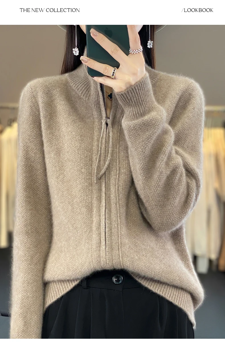 Women's 100% Merino Wool Knitting Sweater Turndown Collar Cardigan Autumn/Winter Thick Tops Cashmere Double Zipper Soft Jacket