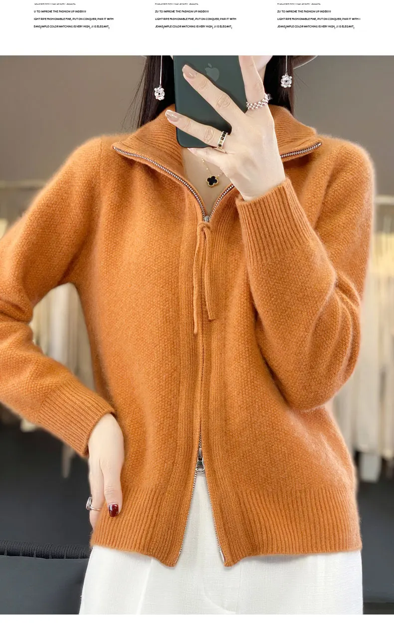 Women's 100% Merino Wool Knitting Sweater Turndown Collar Cardigan Autumn/Winter Thick Tops Cashmere Double Zipper Soft Jacket