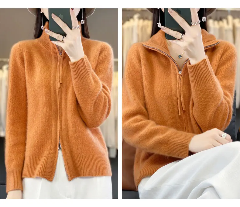 Women's 100% Merino Wool Knitting Sweater Turndown Collar Cardigan Autumn/Winter Thick Tops Cashmere Double Zipper Soft Jacket