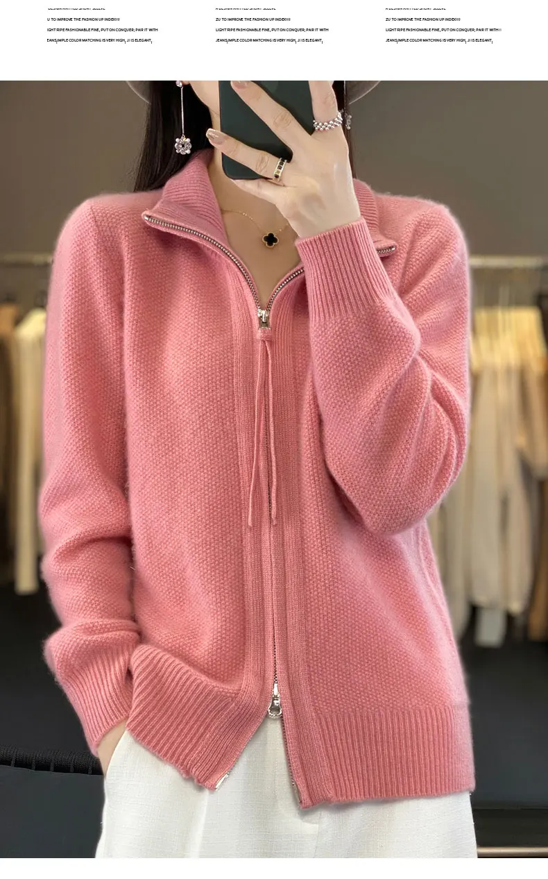 Women's 100% Merino Wool Knitting Sweater Turndown Collar Cardigan Autumn/Winter Thick Tops Cashmere Double Zipper Soft Jacket