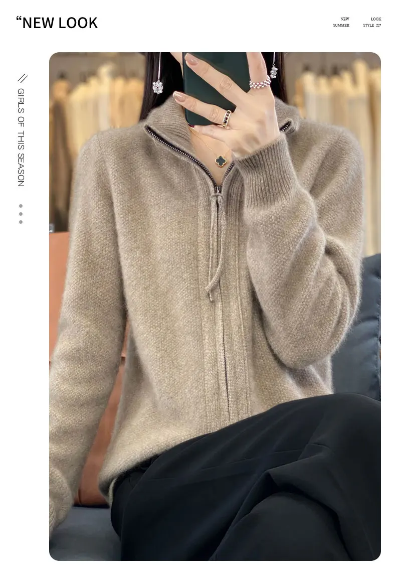Women's 100% Merino Wool Knitting Sweater Turndown Collar Cardigan Autumn/Winter Thick Tops Cashmere Double Zipper Soft Jacket