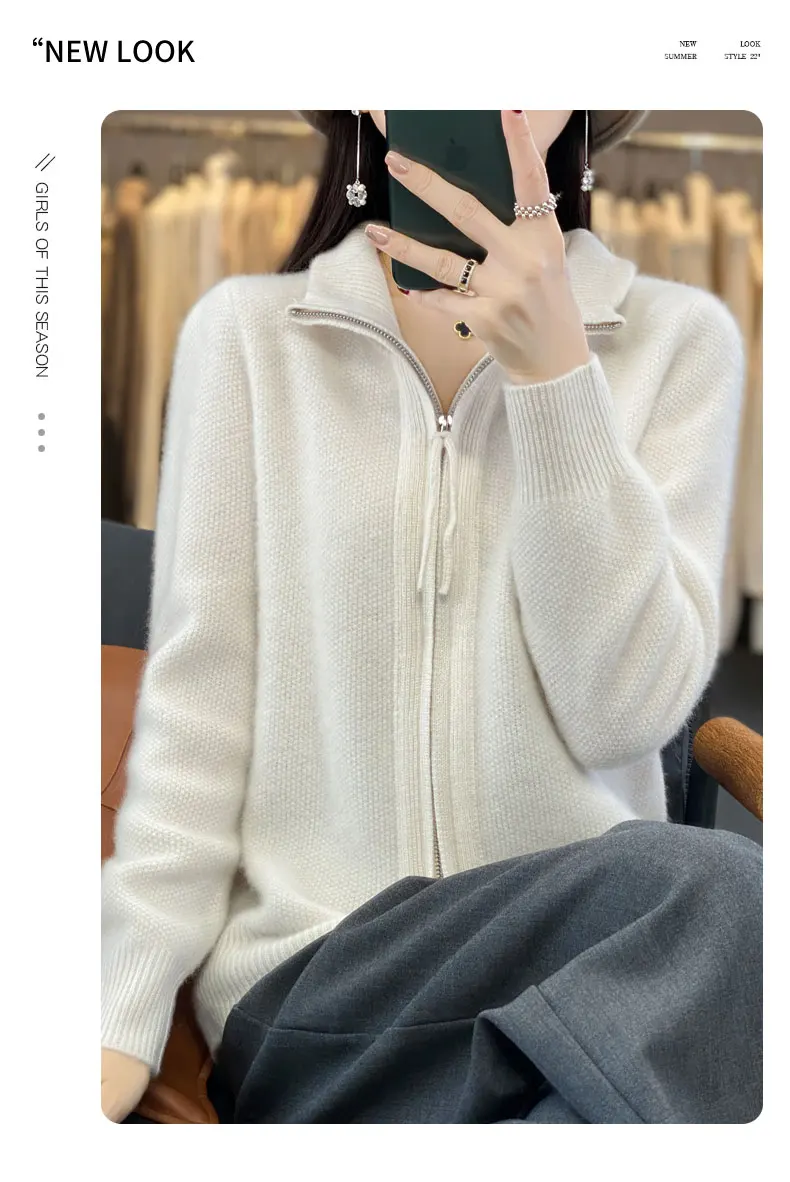 Women's 100% Merino Wool Knitting Sweater Turndown Collar Cardigan Autumn/Winter Thick Tops Cashmere Double Zipper Soft Jacket