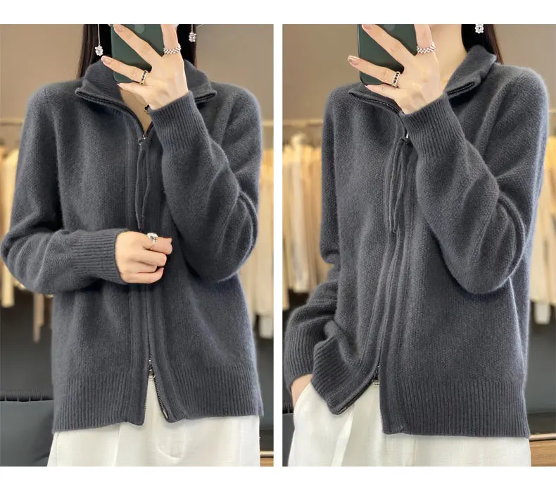 Women's 100% Merino Wool Knitting Sweater Turndown Collar Cardigan Autumn/Winter Thick Tops Cashmere Double Zipper Soft Jacket