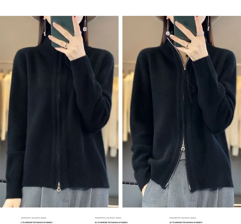 Women's 100% Merino Wool Knitting Sweater Turndown Collar Cardigan Autumn/Winter Thick Tops Cashmere Double Zipper Soft Jacket