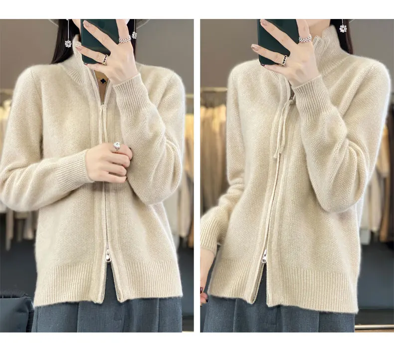 Women's 100% Merino Wool Knitting Sweater Turndown Collar Cardigan Autumn/Winter Thick Tops Cashmere Double Zipper Soft Jacket