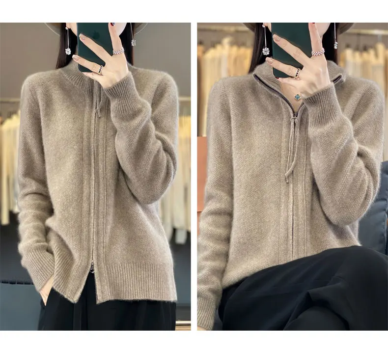 Women's 100% Merino Wool Knitting Sweater Turndown Collar Cardigan Autumn/Winter Thick Tops Cashmere Double Zipper Soft Jacket