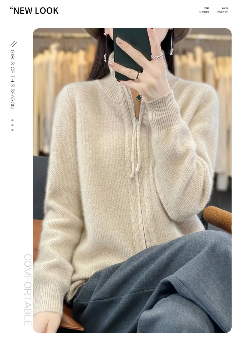 Women's 100% Merino Wool Knitting Sweater Turndown Collar Cardigan Autumn/Winter Thick Tops Cashmere Double Zipper Soft Jacket