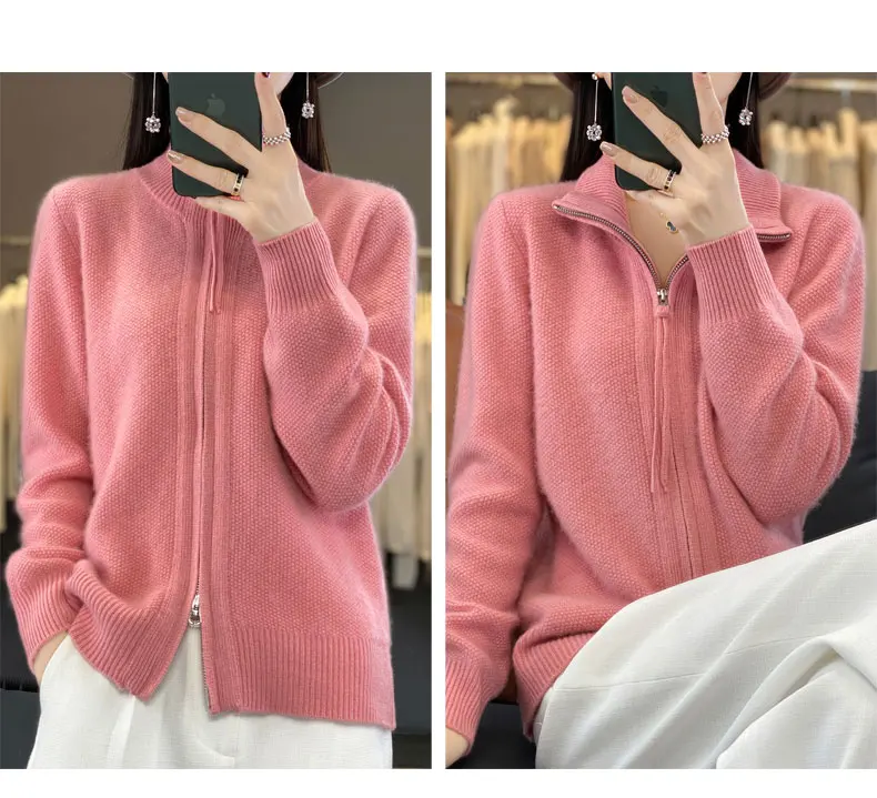 Women's 100% Merino Wool Knitting Sweater Turndown Collar Cardigan Autumn/Winter Thick Tops Cashmere Double Zipper Soft Jacket