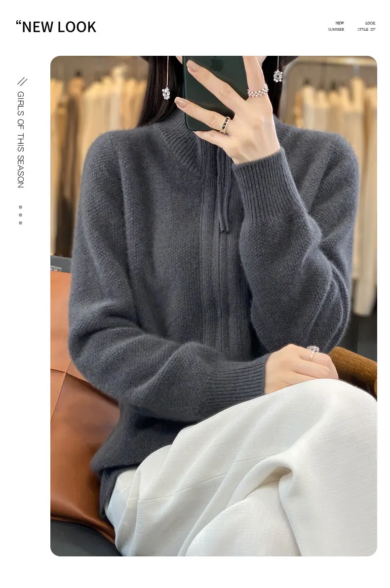 Women's 100% Merino Wool Knitting Sweater Turndown Collar Cardigan Autumn/Winter Thick Tops Cashmere Double Zipper Soft Jacket
