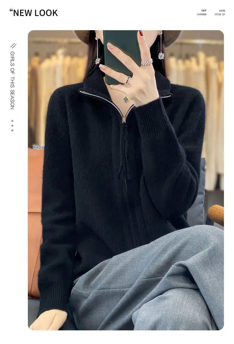 Women's 100% Merino Wool Knitting Sweater Turndown Collar Cardigan Autumn/Winter Thick Tops Cashmere Double Zipper Soft Jacket