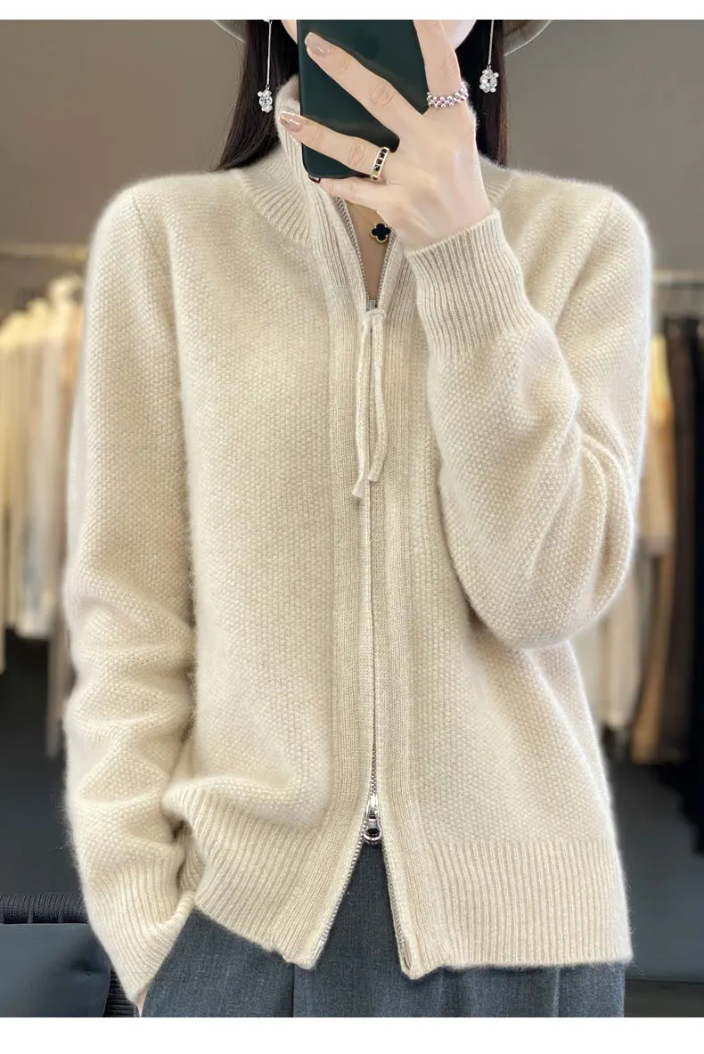 Women's 100% Merino Wool Knitting Sweater Turndown Collar Cardigan Autumn/Winter Thick Tops Cashmere Double Zipper Soft Jacket