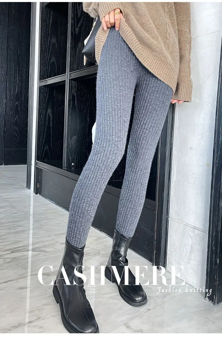 Slim Leggings Autumn Women High Waist Casual Trousers Knitted Ribbed Thicken Solid Elasticity Thermal Ankle-Length Leggins