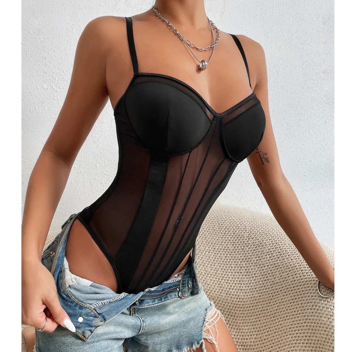 CHILLGIO Summer Spaghetti Strap Women Bodysuits Streetwear Fashion Elastic Rompers Black V Neck Club Bodycon Suspender Jumpsuits