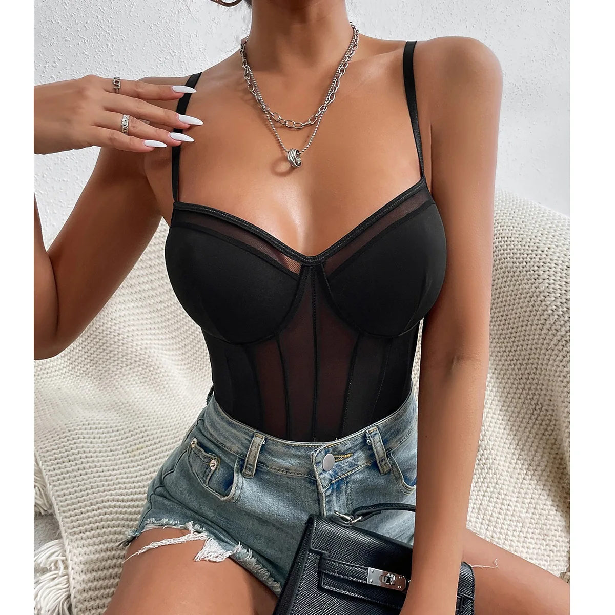 CHILLGIO Summer Spaghetti Strap Women Bodysuits Streetwear Fashion Elastic Rompers Black V Neck Club Bodycon Suspender Jumpsuits