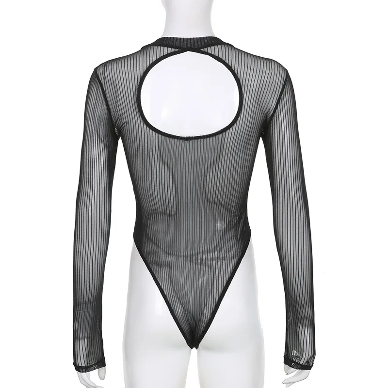 See Through Bodysuit Backless Hollow Out Transparent Club Jumpsuits Women Solid Black Tee Summer Elegant Sexy Streetwear