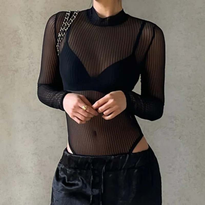 See Through Bodysuit Backless Hollow Out Transparent Club Jumpsuits Women Solid Black Tee Summer Elegant Sexy Streetwear