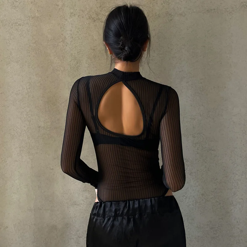 See Through Bodysuit Backless Hollow Out Transparent Club Jumpsuits Women Solid Black Tee Summer Elegant Sexy Streetwear