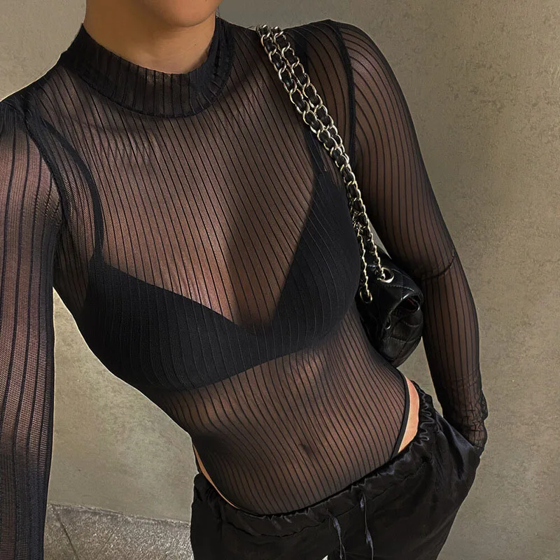 See Through Bodysuit Backless Hollow Out Transparent Club Jumpsuits Women Solid Black Tee Summer Elegant Sexy Streetwear