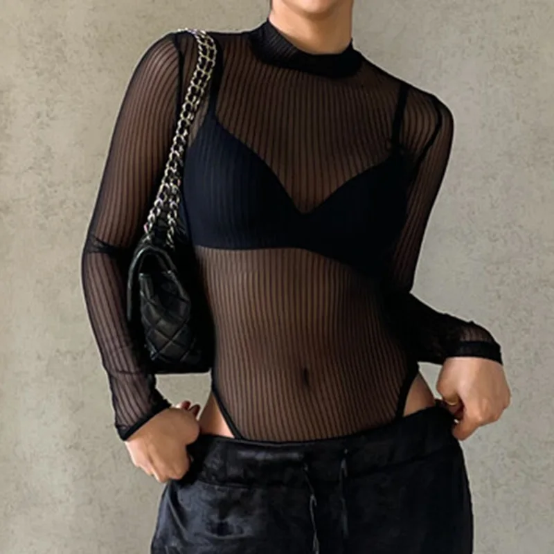 See Through Bodysuit Backless Hollow Out Transparent Club Jumpsuits Women Solid Black Tee Summer Elegant Sexy Streetwear