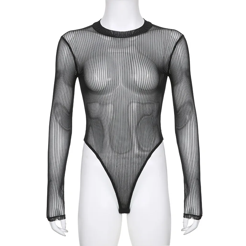See Through Bodysuit Backless Hollow Out Transparent Club Jumpsuits Women Solid Black Tee Summer Elegant Sexy Streetwear