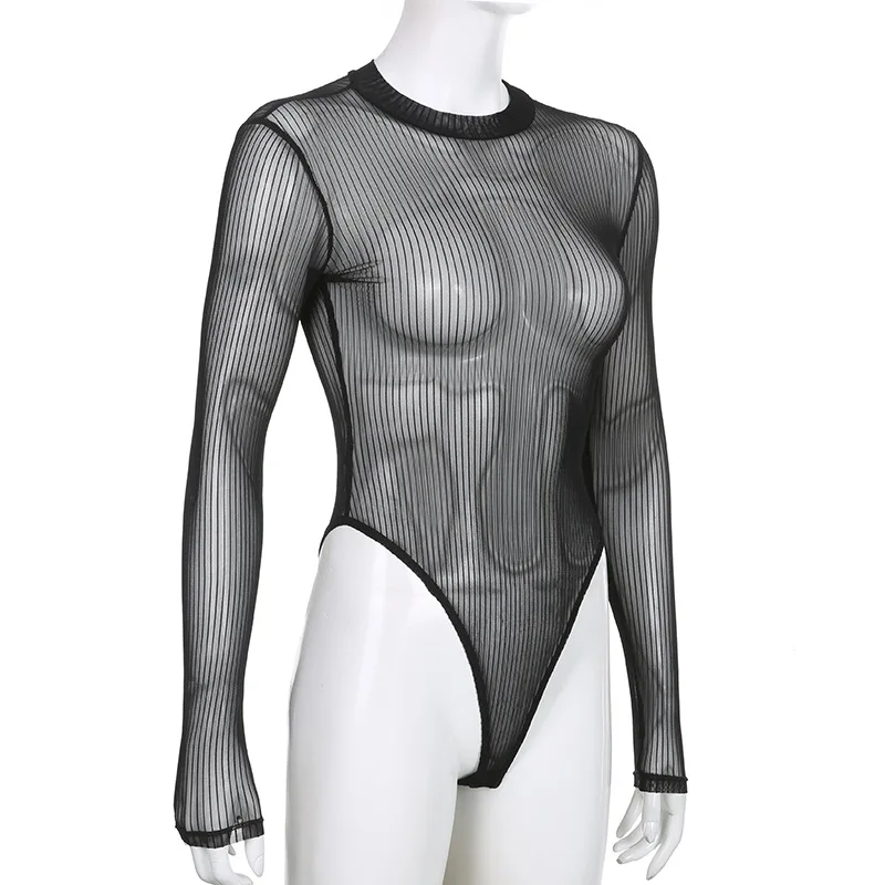 See Through Bodysuit Backless Hollow Out Transparent Club Jumpsuits Women Solid Black Tee Summer Elegant Sexy Streetwear