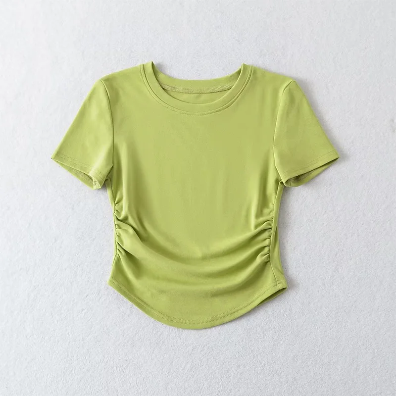 2024 Harajuku Women Crew Neck Short Sleeve Cotton Tee With Ruched Sides Detail T-shirts